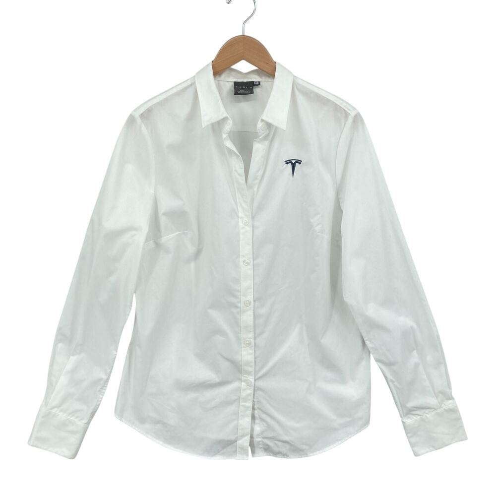 Tesla White Button Down Shirt XL Women's Long Sleeve Embroidered Logo Office